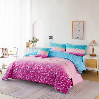 PERFEMET Teal Pink Comforter Set Twin Size 6-Piece 3D Colorful Galaxy Bedding Set for Girls Kids Star Glitter Bed in a Bag for All Season