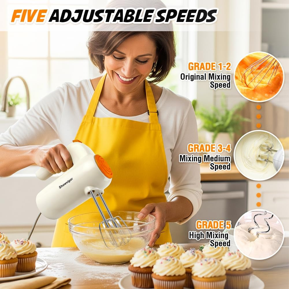 Hand Mixer, 5-Speed Electric Whisk with Turbo Boost Includes 5 Stainless Steel Attachments - Great Stand Mixer Alternative for Baking Cakes, Bread & More