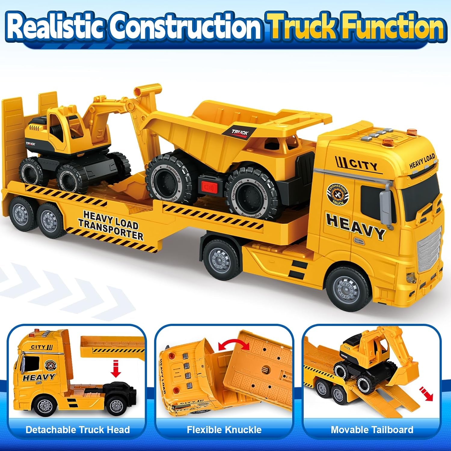 Bstoyder Toddler Boy Toys for 3 4 5 6 7 Years Kids, 25" Semi Construction Carrier Truck Toy with Excavator and Dump Truck, Friction Powered Toys with Lights and Sounds, Birthday for Boy Girls
