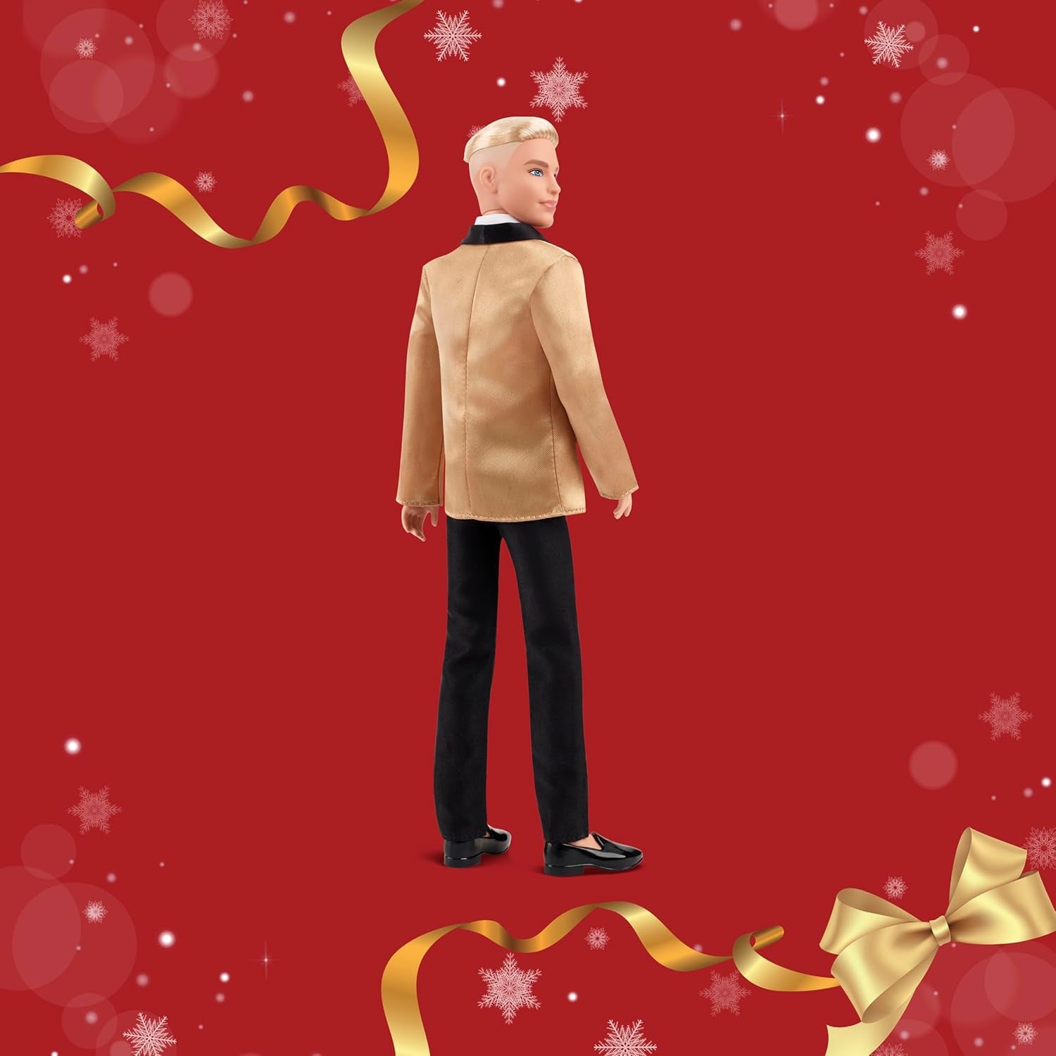 Barbie Signature 2025 Holiday Blonde Ken Collectible Fashion Doll Wearing Full Suit with Golden Jacket in Displayable Packaging & Doll Stand