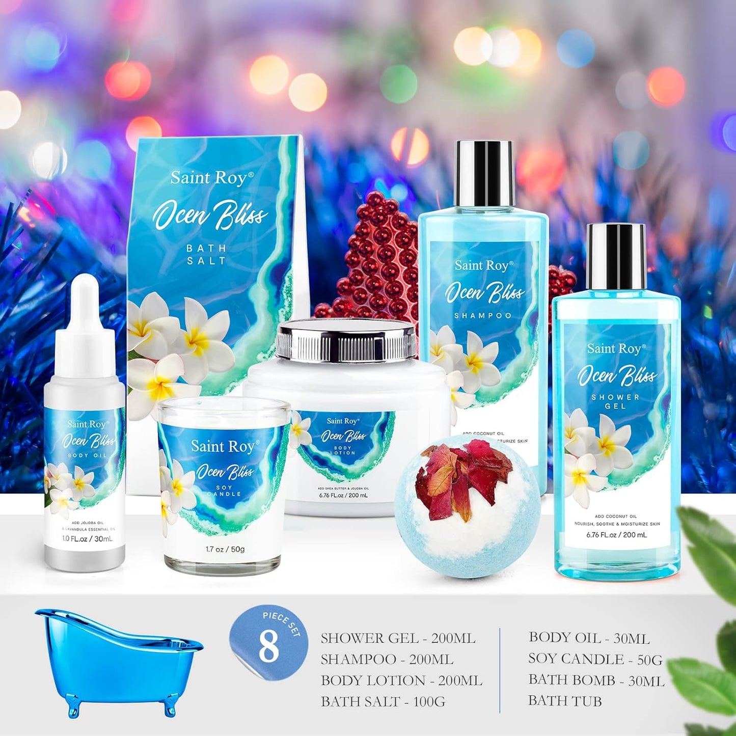 Mothers Day Gifts for Women Bath & Body Gift Set, Bath Basket Spa Kit Gifts for Her Him Birthday Gift for Woman, Self-Care Home Spa Kit, 8Pcs Christmas Gift for Women Ocean Vanilla, Spa Gift Baskets