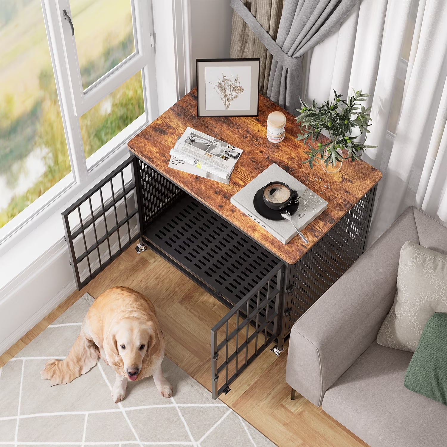 Winkalon 42 Inch Large Dog Crate Rustic Style Furniture Dog Cage Crate with 3 Doors and 4 Wheels Heavy-Duty Kennel,Brown