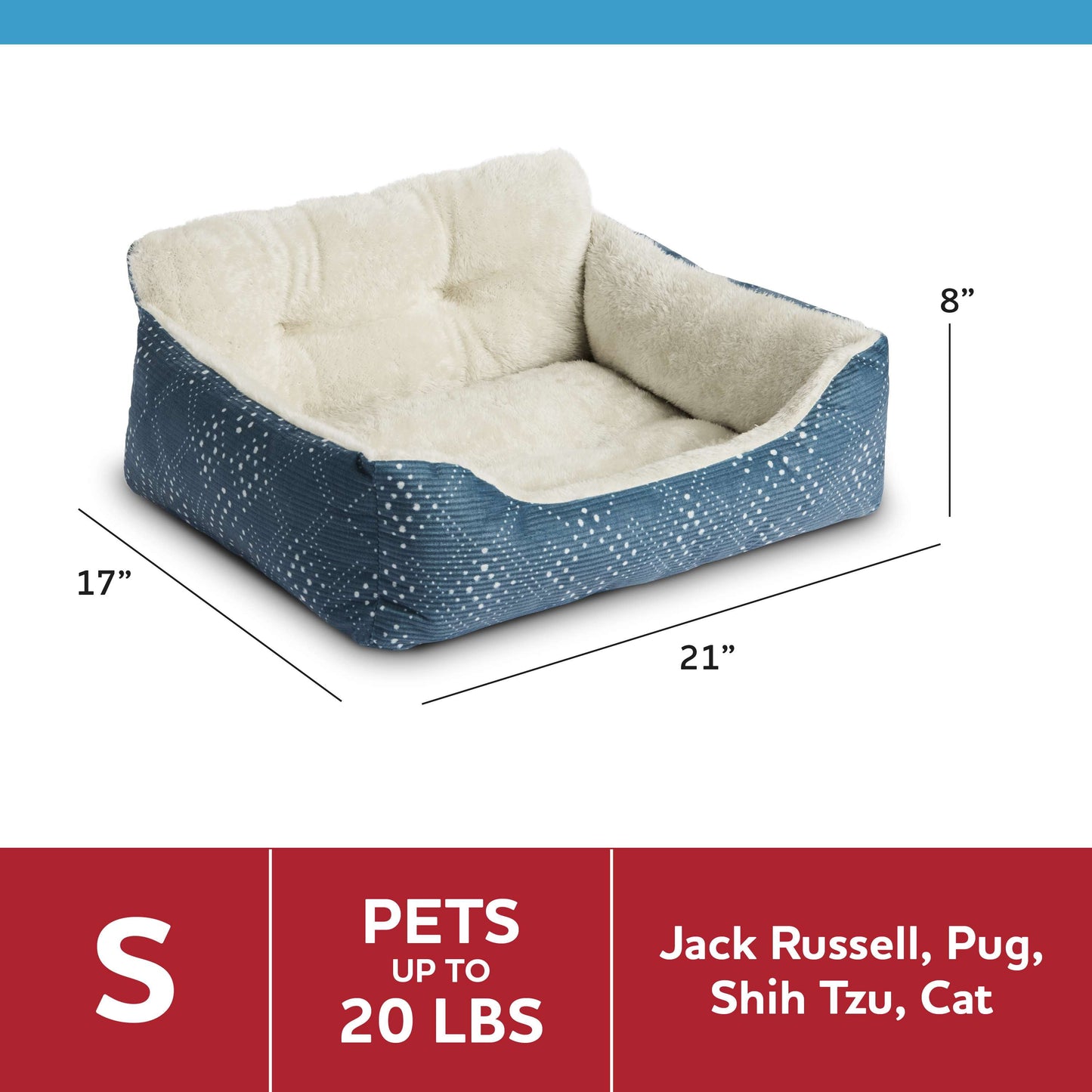 Vibrant Life Puppy Dog Bed, Plush Bolster Dog for Small Dogs, Small, 21" X 17", Blue