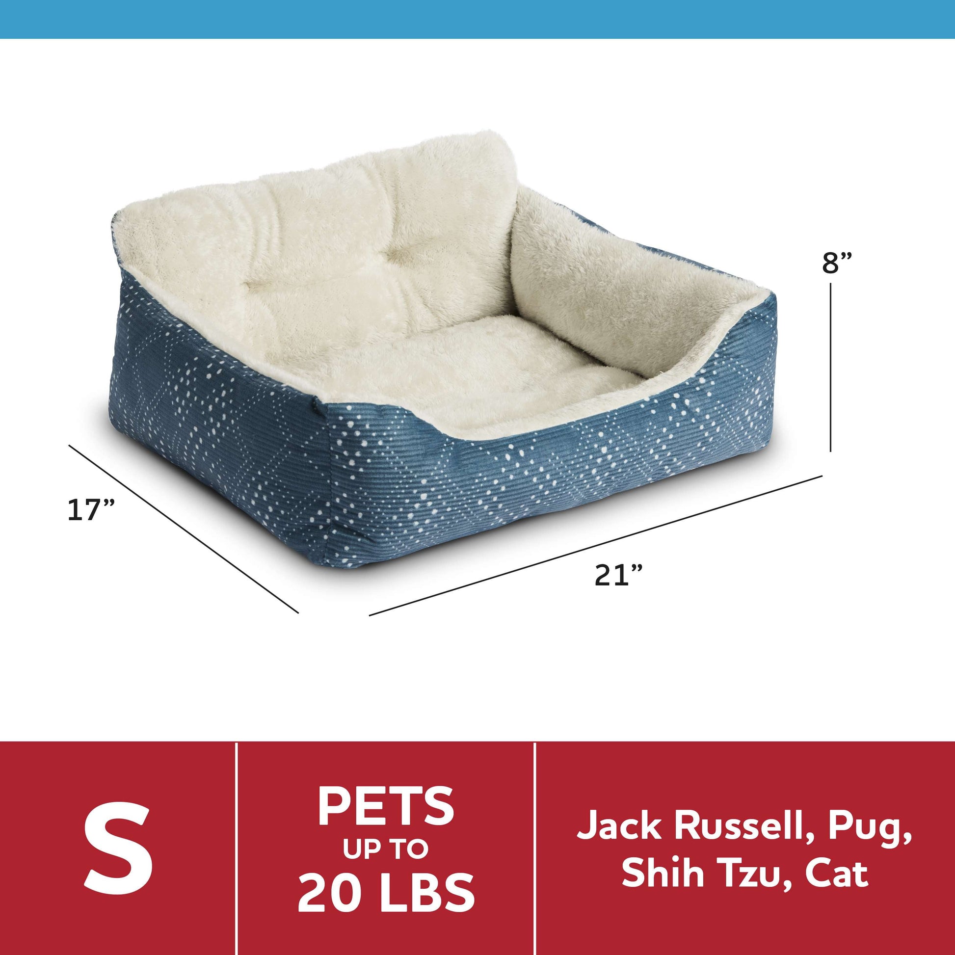Vibrant Life Puppy Dog Bed, Plush Bolster Dog for Small Dogs, Small, 21" X 17", Blue