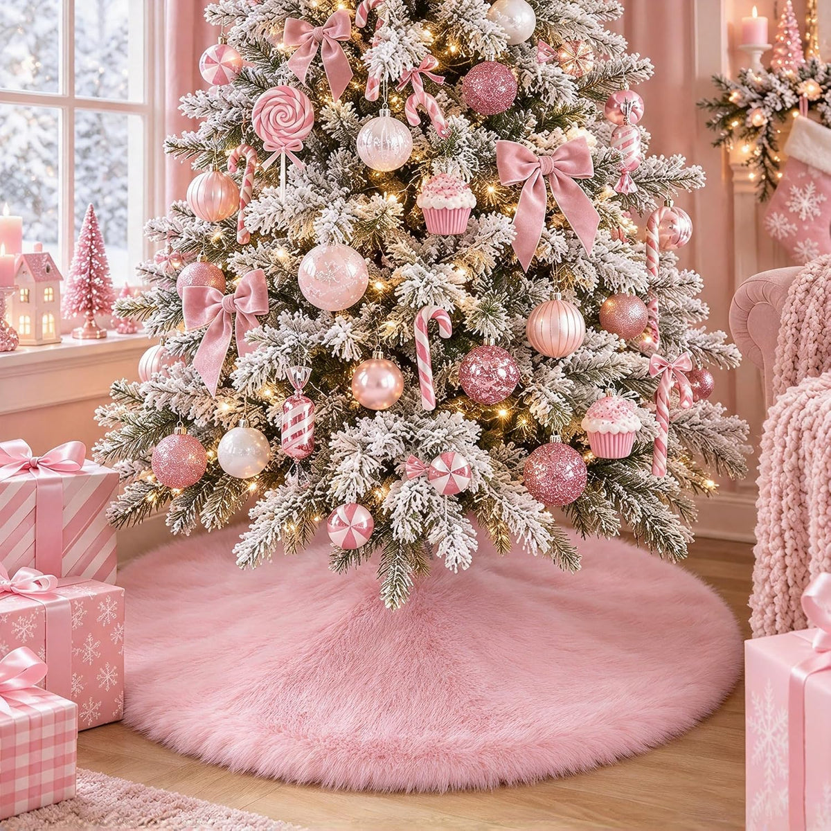 Pink Fur Tree Skirt, 36 Inch Faux Fur Fluffy Christmas Tree Skirt