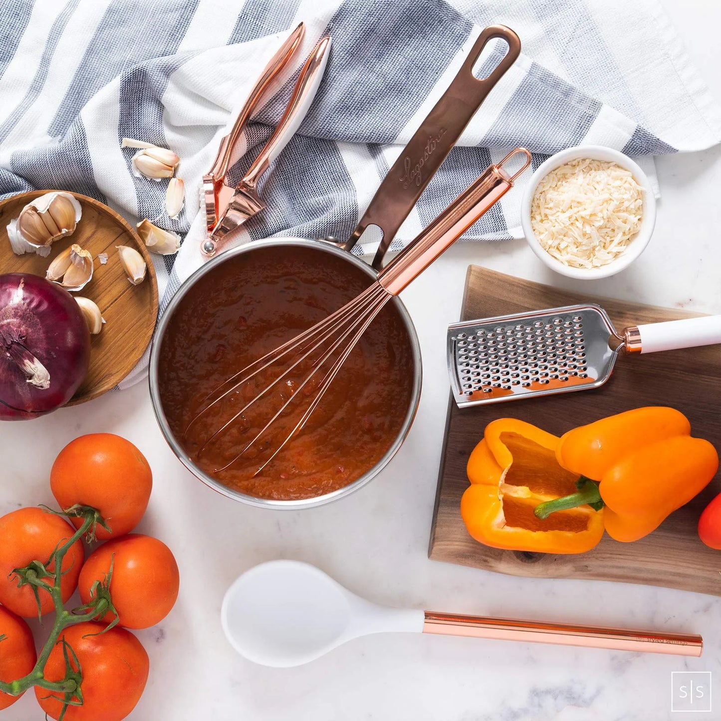 Styled Settings White Silicone & Copper Kitchen Utensils Set with Holder