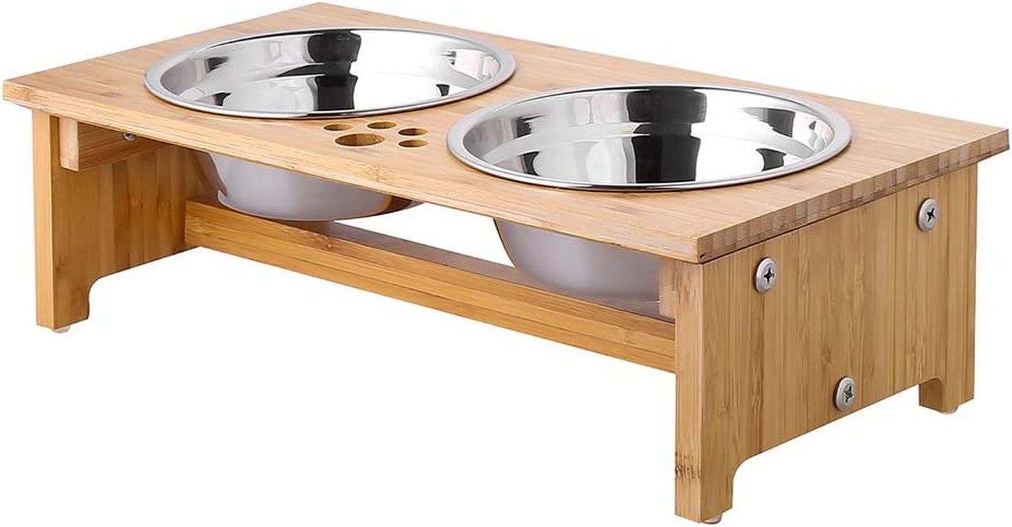 FOREYY Raised Pet Bowls for Cats and Small Dogs, Bamboo Elevated Dog Cat Food and Water Bowls Stand Feeder with 2 Stainless Steel Bowls and anti Slip Feet