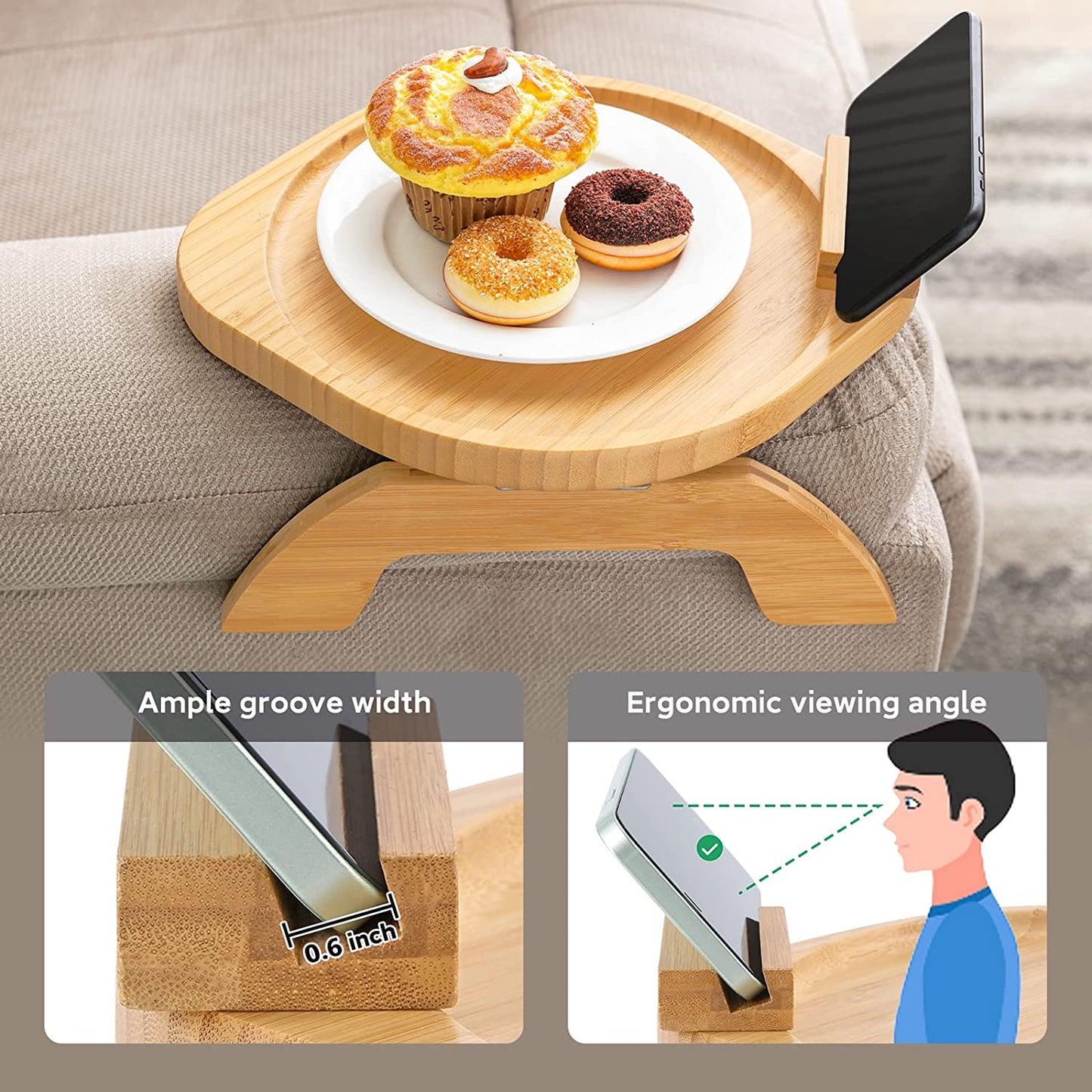 Bamboo Sofa Tray Table Clip on Side Table Couch Arm with 360° Rotating Phone Holder, Couch Tray for Arm, Sofa Table for Eating/Drinks/Snacks/Remote/Control