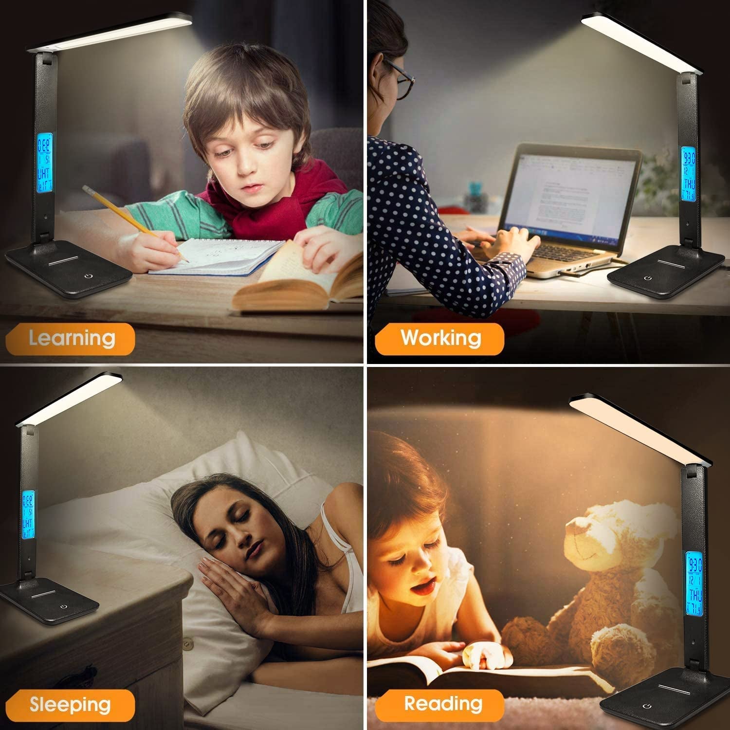 LAOPAO LED Desk Lamp with Wireless Charger, USB Charging Port, Adjustable & Foldable​ with Clock, Alarm, Date, Temperature, 5-Level Dimmable ​Lighting​, for Office with Adapter