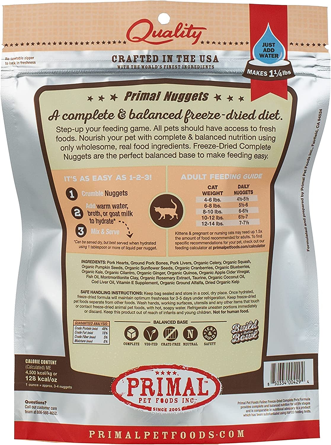 Primal Freeze Dried Cat Food Nuggets, 5.5 Oz Pork Formula - Raw Kitten Food, Organic Produce, Grain Free