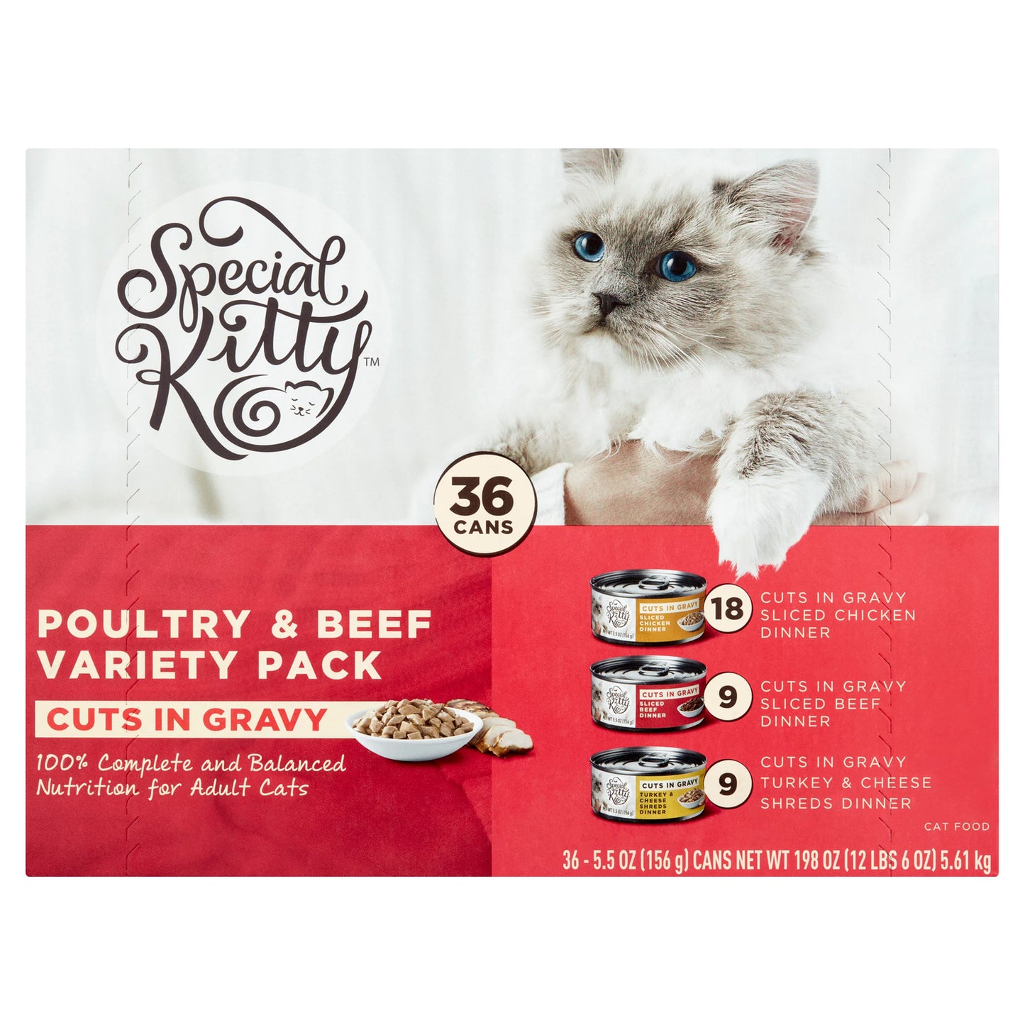 Beef, Chicken, Turkey & Cheese Flavor Gravy Sliced Wet Cat Food Variety Pack for Adult, 5.5 Oz. Cans (36 Count)