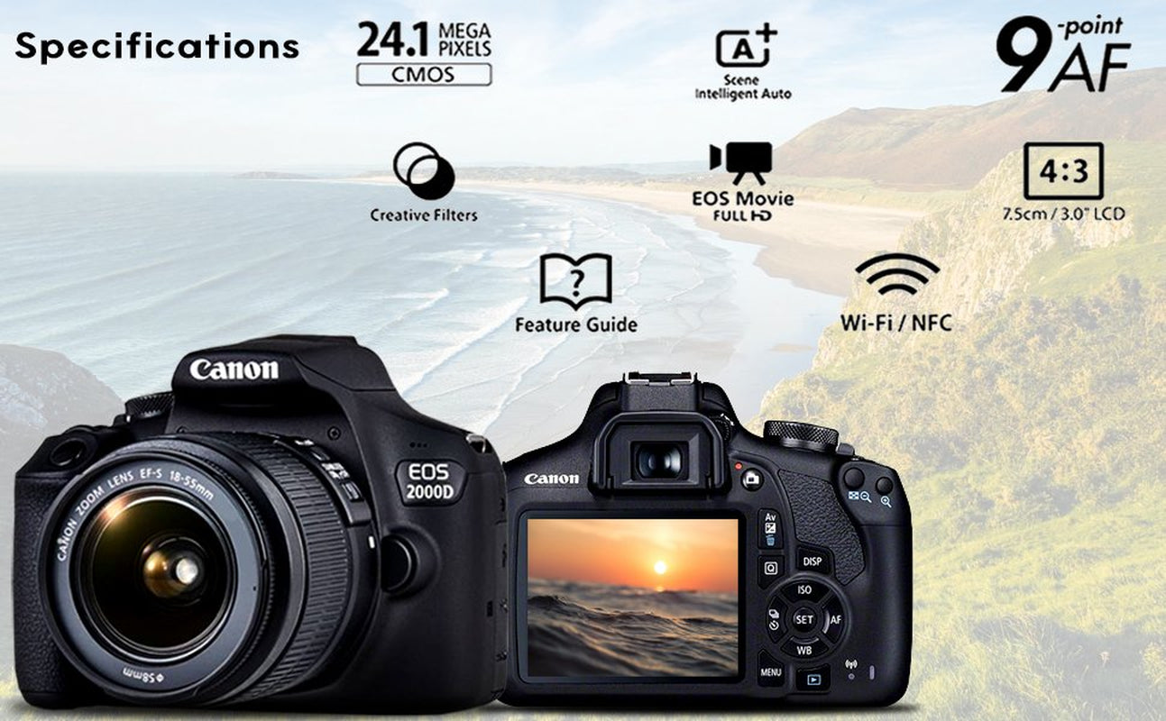 Canon EOS 2000D / Rebel T7 DSLR Camera with 18-55Mm Lens + Creative Filter Set, EOS Camera Bag + Sandisk Ultra 64GB Card + 6AVE Electronics Cleaning Set, and More