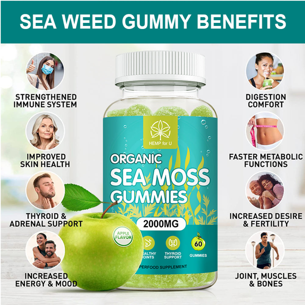 HFU Organic Sea Moss Multivitamin Gummies Supplement 2000Mg with Bladderwrack and Burdock Root - 60 Gummies