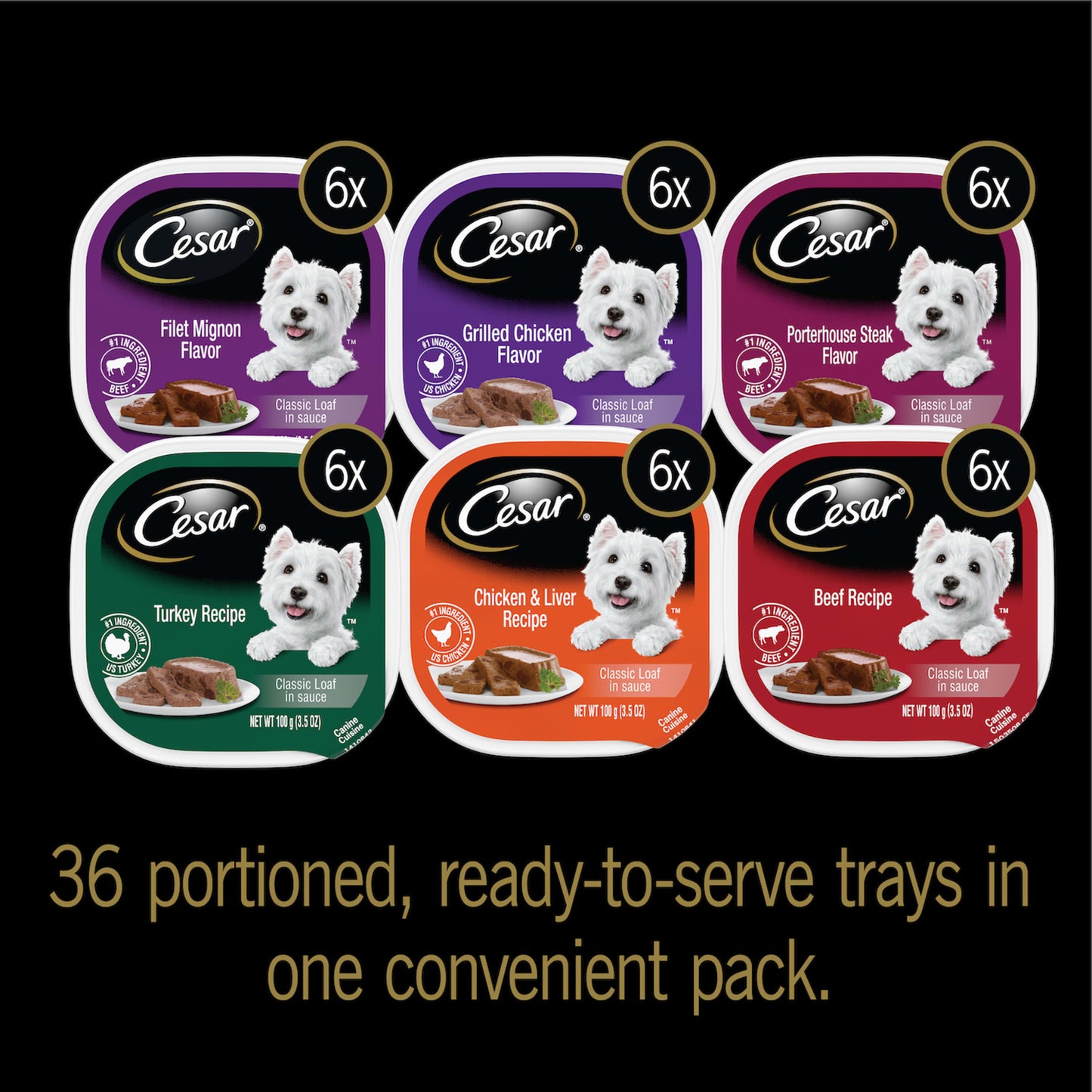 CESAR Soft Wet Dog Food Classic Loaf in Sauce Grilled Chicken, Filet Mignon, Porterhouse Steak, Beef, Chicken & Liver and Turkey Variety Pack (36) 3.5 Oz. Easy Peel Trays