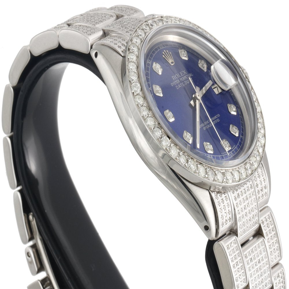 Mens Rolex 36Mm Datejust Diamond Watch Fully Iced Band Custom Blue Dial 5.10 CT.