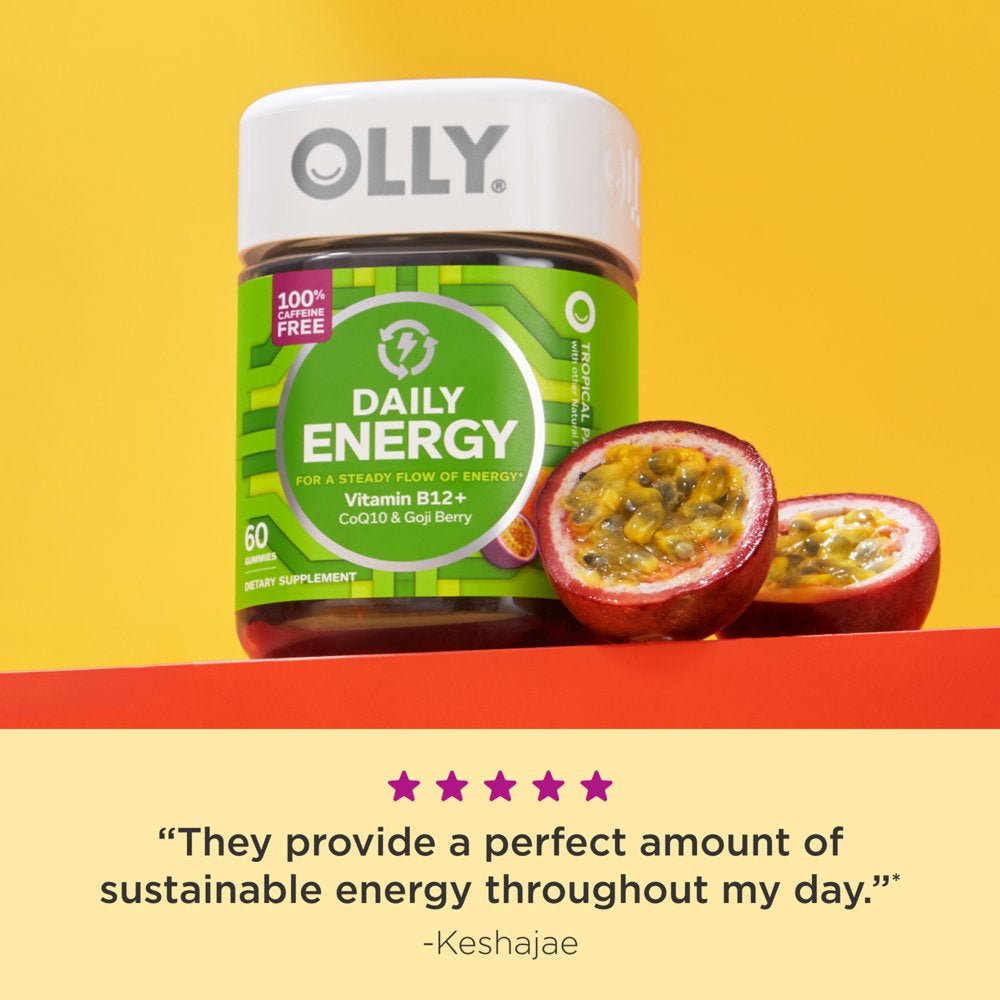 OLLY Daily Energy Gummy Supplement with Coq10 & B12, Caffeine Free, Tropical, 60 Ct
