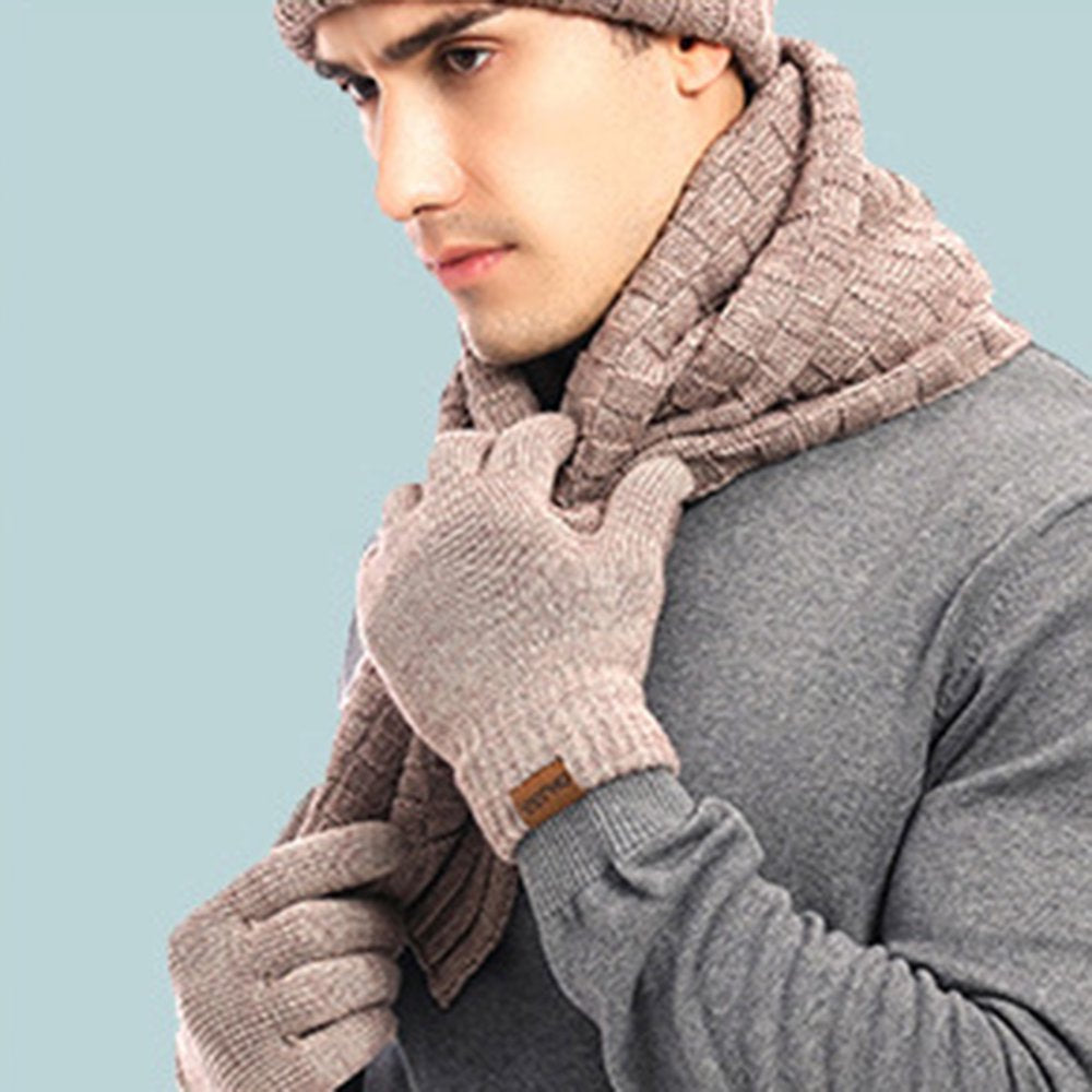 Winter Hats Scarf for Men Windproof Knitted Warm Men'S Scaves and Beanie Hat Themal Gloves Set with Woolen Yarn Lined