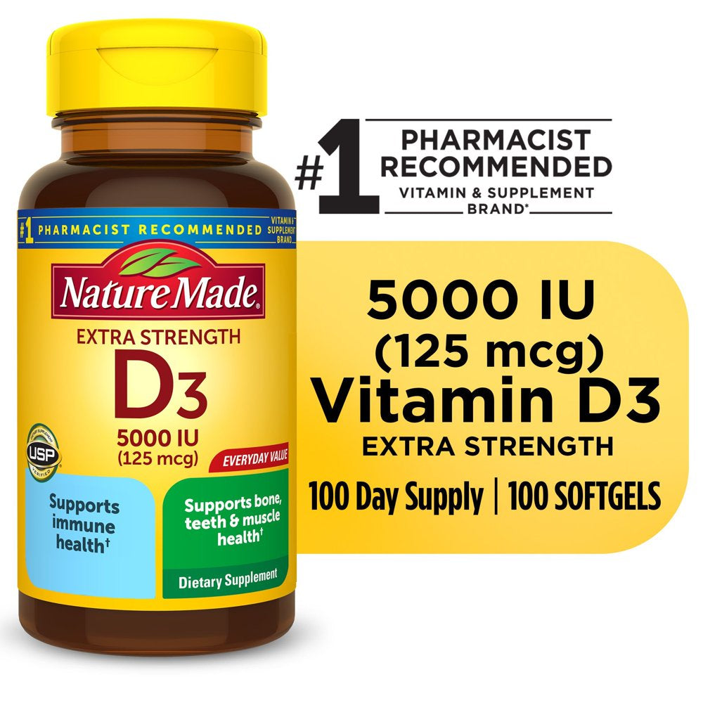 Nature Made Extra Strength Vitamin D3 5000 IU (125 Mcg) Softgels, Dietary Supplement for Bone and Immune Health Support, 100 Count