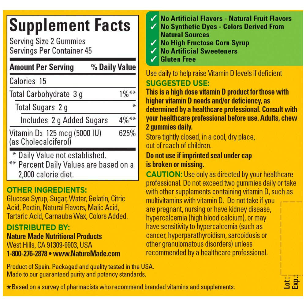 Nature Made Extra Strength Vitamin D3 5000 IU (125 Mcg) per Serving Gummies, Dietary Supplement, 90 Count