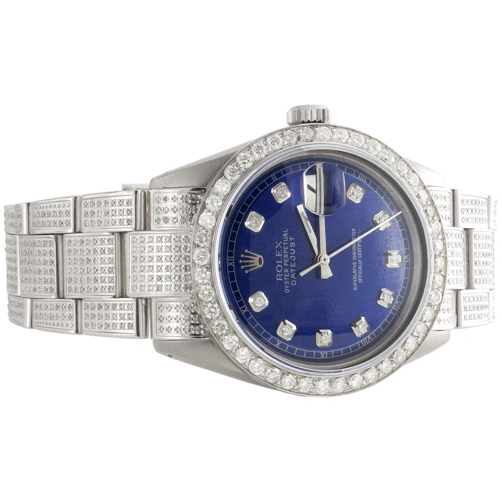 Mens Rolex 36Mm Datejust Diamond Watch Fully Iced Band Custom Blue Dial 5.10 CT.