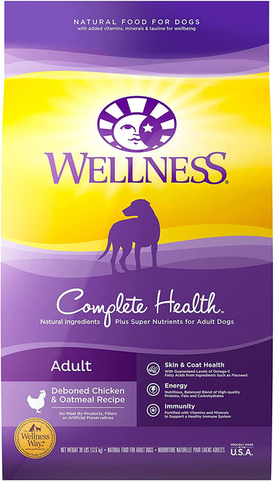 Wellness Complete Health Dry Dog Food with Grains, Natural Ingredients, Made in USA with Real Meat, All Breeds, for Adult Dogs (Chicken & Oatmeal, 30-Pound Bag)