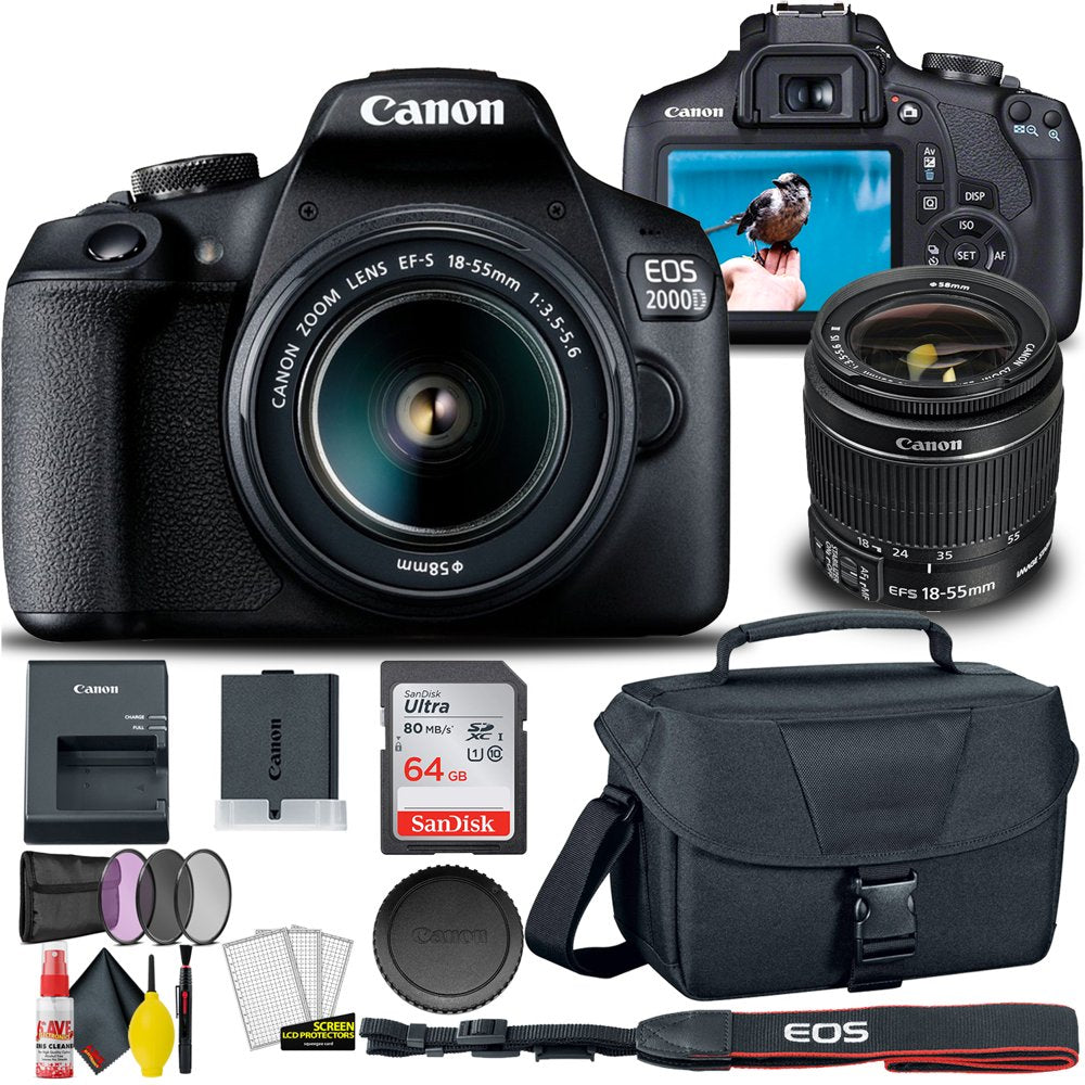 Canon EOS 2000D / Rebel T7 DSLR Camera with 18-55Mm Lens + Creative Filter Set, EOS Camera Bag + Sandisk Ultra 64GB Card + 6AVE Electronics Cleaning Set, and More