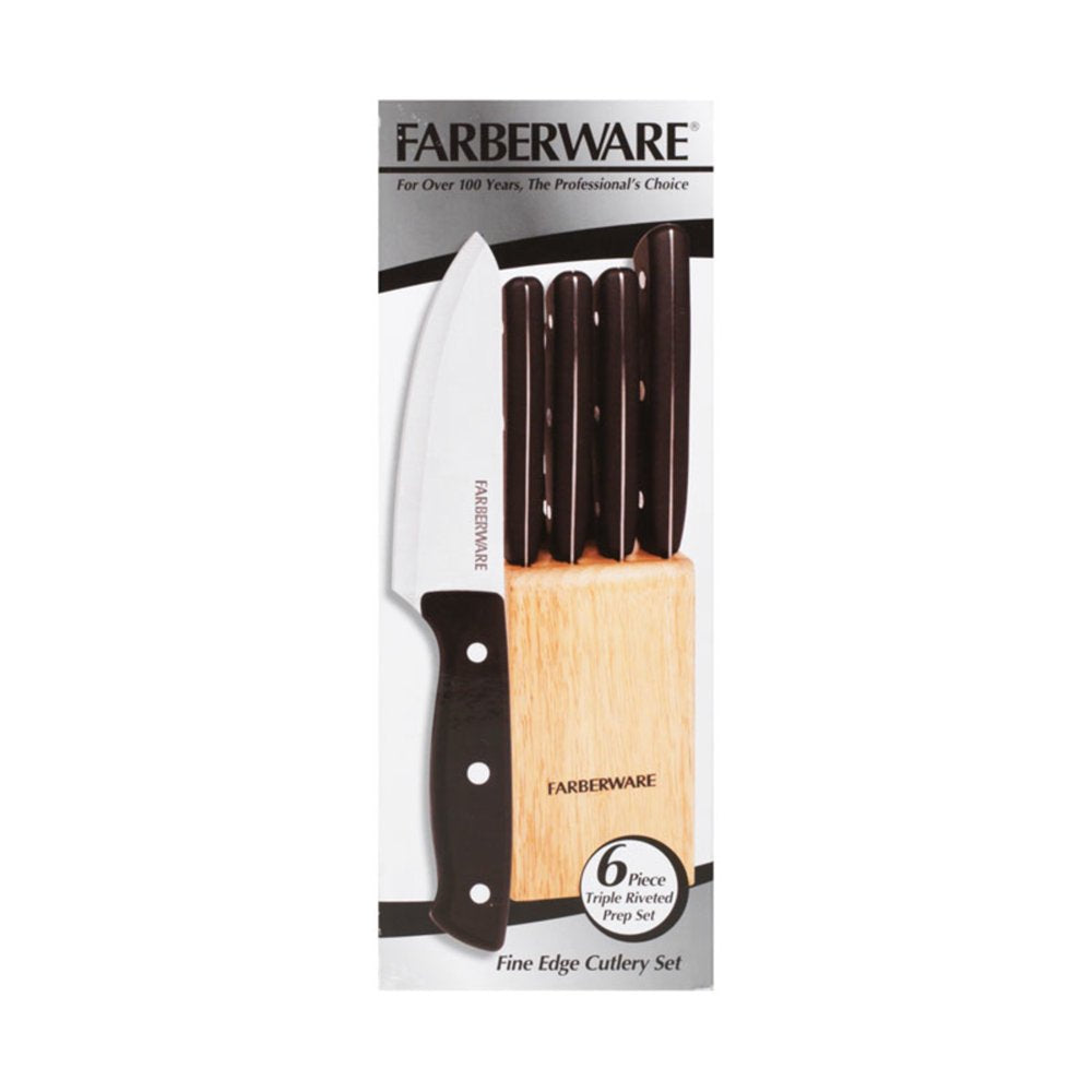 Farberware Classic 6-Piece Full Tang Tripe-Riveted Knife Prep Set with Black Handles