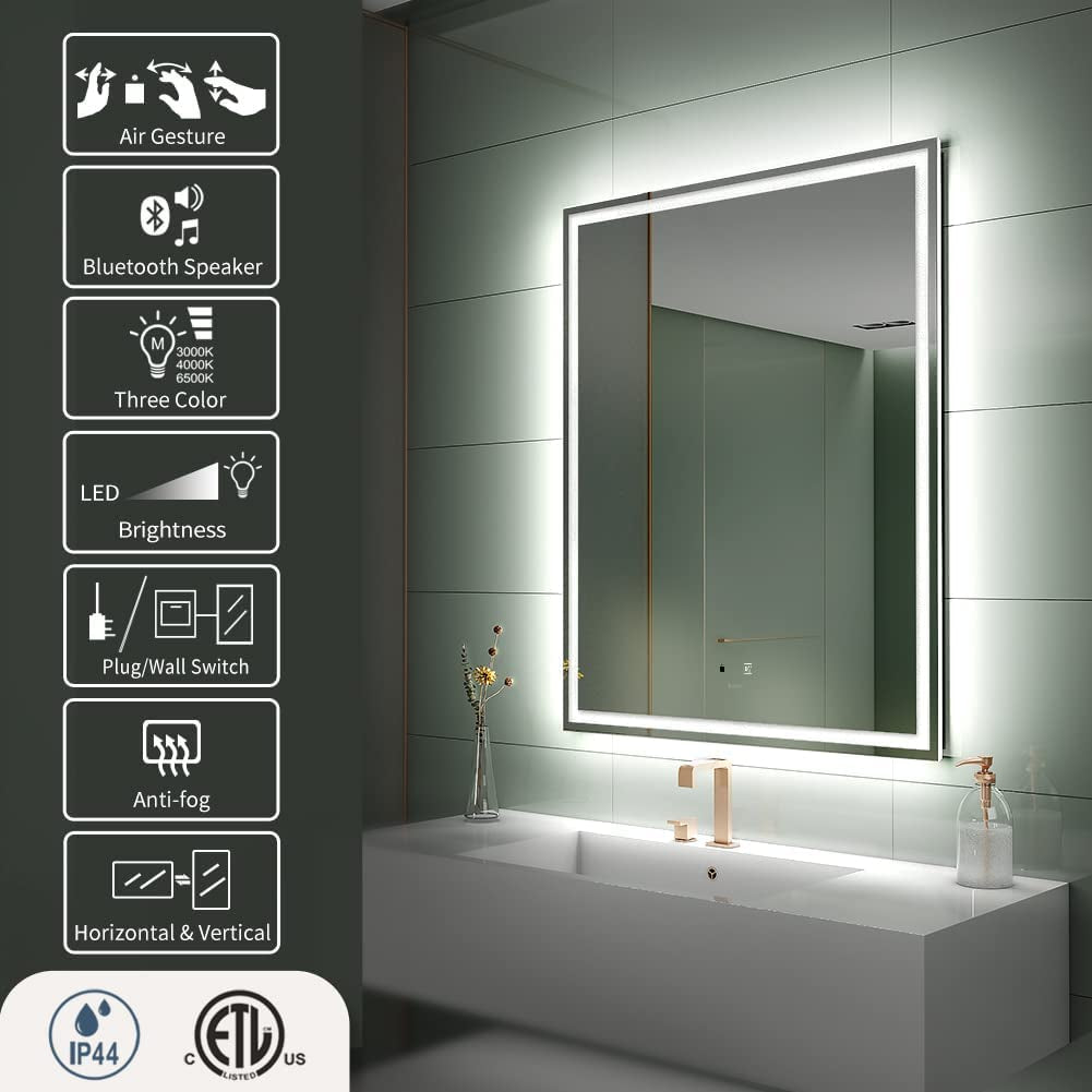 GANPE 20 X 28 Inch LED Bathroom Mirror, Hand Wave Induction Vanity Mirror with Bluetooth, Illuminated Dimmable anti Fog IP44 Waterproof+Vertical & Horizontal Wall Mounted Mirror