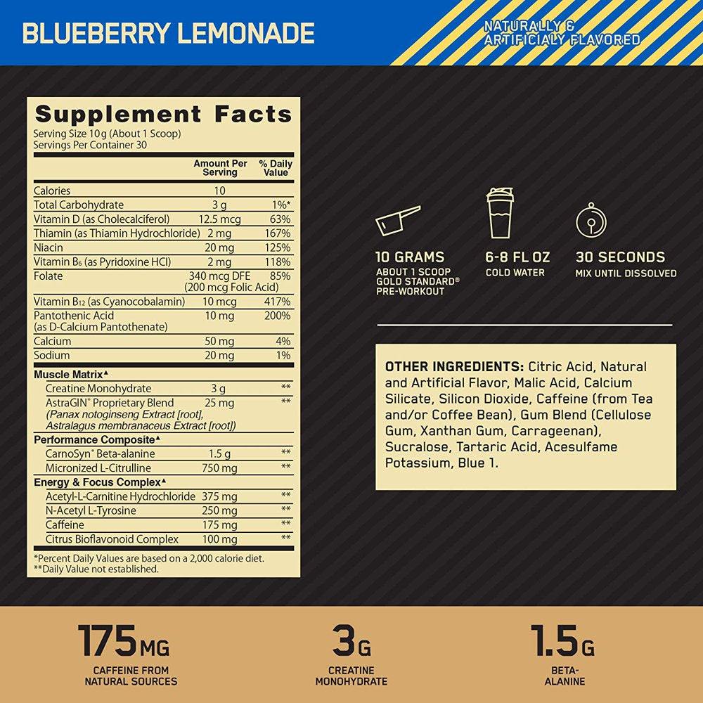 Optimum Nutrition, Gold Standard Pre Workout, Blueberry Lemonade, 10.58 Oz, 30 Servings