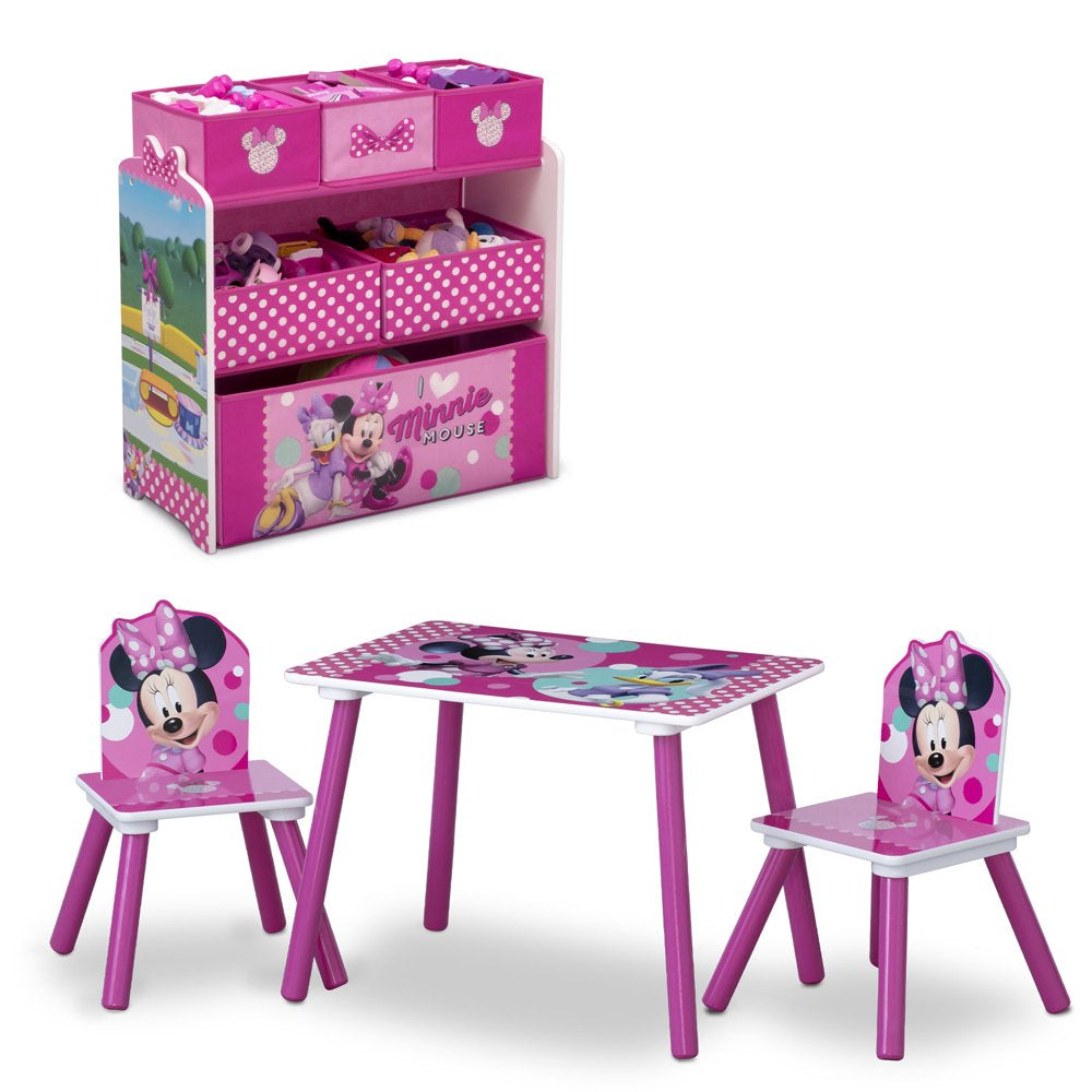 Disney Minnie Mouse 4-Piece Playroom Solution by Delta Children – Set Includes Table and 2 Chairs and 6-Bin Toy Organizer