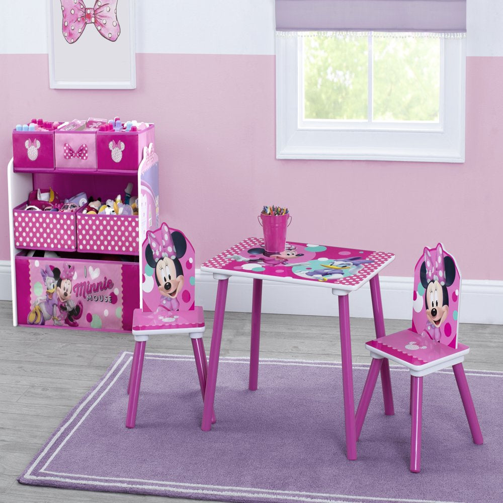 Disney Minnie Mouse 4-Piece Playroom Solution by Delta Children – Set Includes Table and 2 Chairs and 6-Bin Toy Organizer