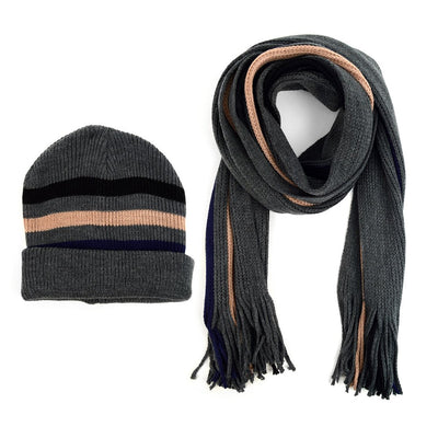 Men'S Winter Knit Scarf and Hat Set-Warm and Soft Acrylic Scarf and Beanie Hat-Charcoal with Multicolor Stripe