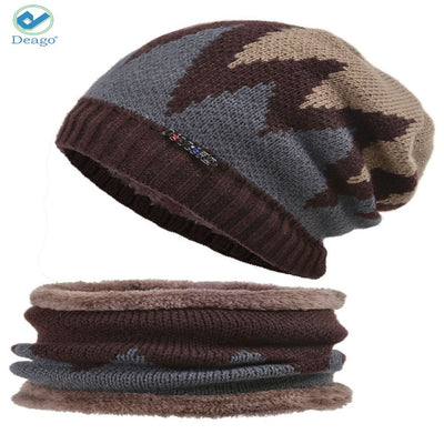 Deago Winter Beanie Hats Scarf Set Warm Knit Hats Skull Cap Neck Warmer with Thick Fleece Lined Winter Hat & Scarf for Men (Coffee)