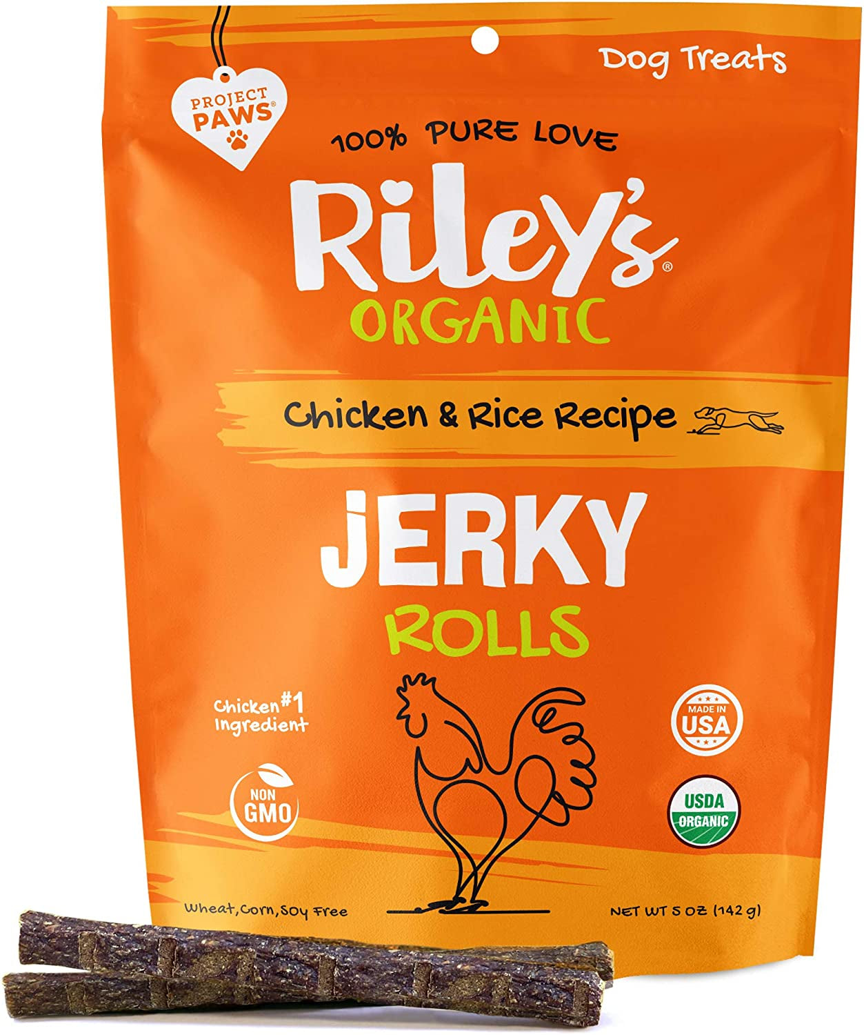 Riley'S Organic Dog Jerky Treats - Chicken Jerky Dog Treats - Chicken & Rice Dog Training Treats - Organic - Soft Jerky Treats for Dogs - Easy Snap for Any Size Dog - 5 Oz