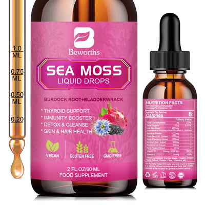 Beworths 3000Mg Sea Moss Liquid Drops - Black Seed Oil & Irish Sea Moss Gel with Burdock Root Bladderwrack, Elderberry - Immunity Booster, Digestive Health - 60Ml