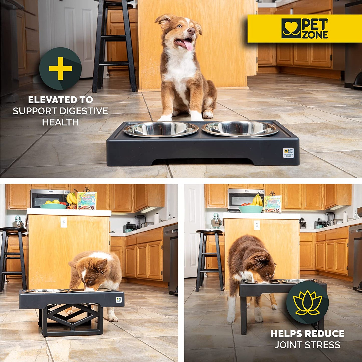 Pet Zone Designer Diner Adjustable Elevated Dog Bowls for Large Dogs, Medium and Small - Raised Dog Bowl Stand 2 Dog Food Bowls for Food and Water Double Stainless Steel, 3 Heights, 2.75”, 8", & 12''