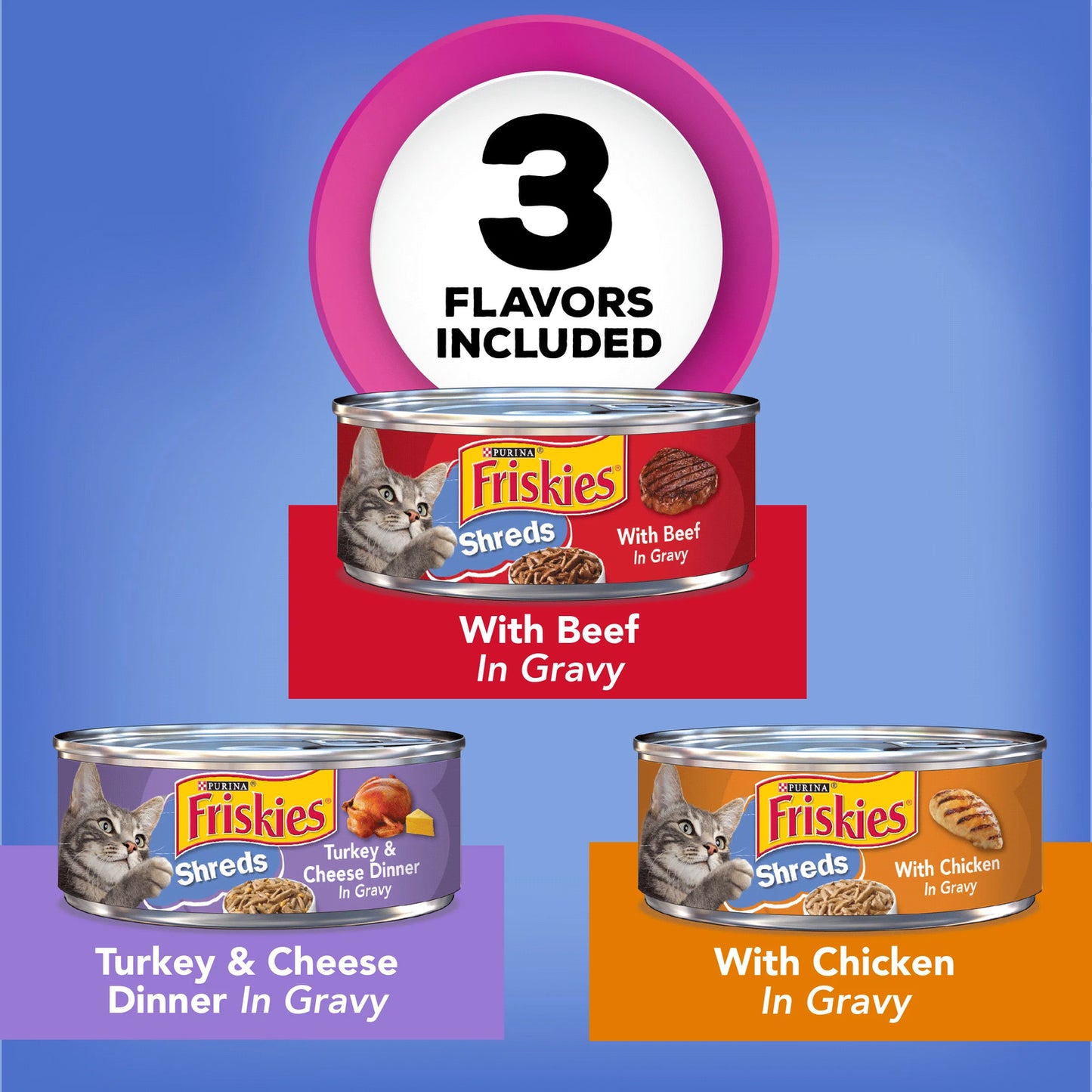 (24 Pack) Friskies Gravy Wet Cat Food Variety Pack, Shreds Beef, Chicken and Turkey & Cheese Dinner, 5.5 Oz. Cans