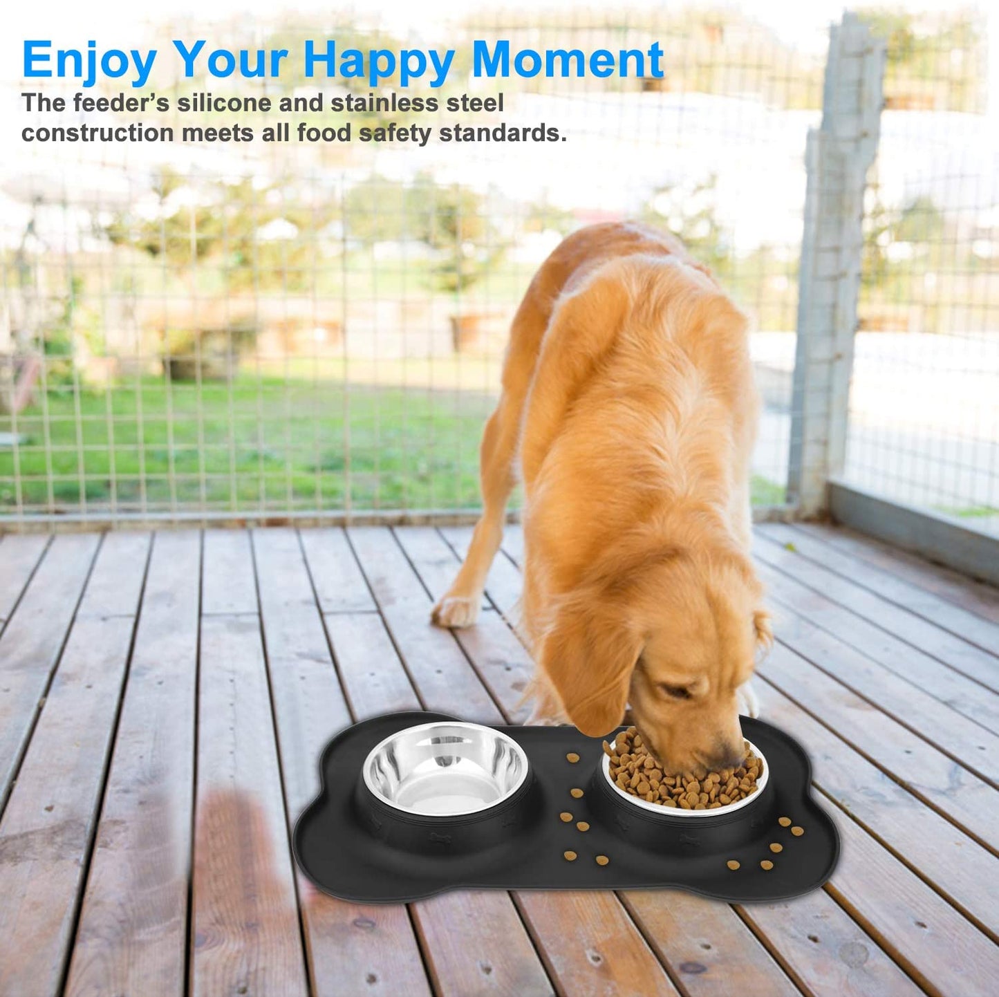 Asfrost Dog Food Bowls Stainless Steel Pet Bowls & Dog Water Bowls with No-Spill and Non-Skid, Feeder Bowls with Dog Bowl Mat for Small Medium Large Size Dogs Cats Puppy Pets, Dog Dishes, Black, 240Z