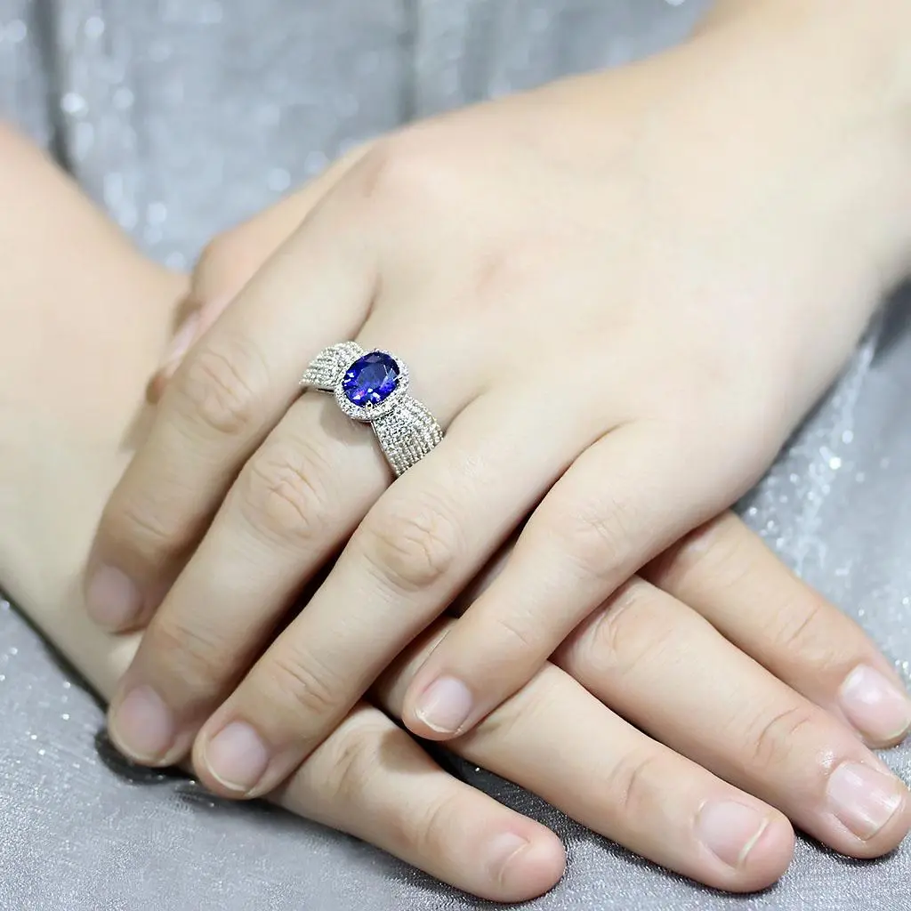 - Rhodium Brass Ring with Synthetic Spinel in London Blue