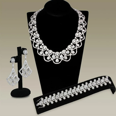 -Rhodium Brass Jewelry Sets with AAA Grade CZ  in Clear