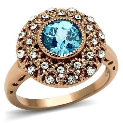 Rose Gold Brass Ring with AAA Grade CZ  in Sea Blue