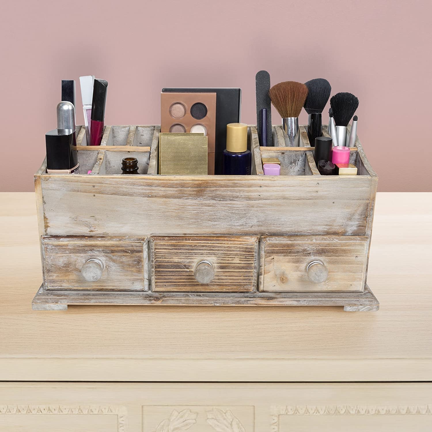 Vanity Drawer Beauty Organizer 3 Drawers - Wooden Cosmetic Storage Box for Neat & Organize Storing of Makeup Tools, Small Accessories at Home & Office Vanities & Bathroom Counter-Top (Rustic)