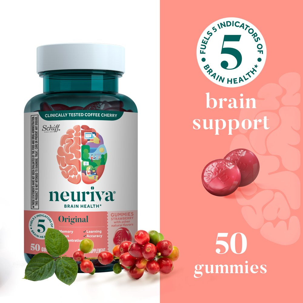 Neuriva Original Brain Health Support Strawberry Gummies (50 Count), Brain Support with Phosphatidylserine & Decaffeinated, Clinically Tested Coffee Cherry