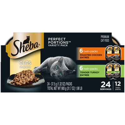 SHEBA Wet Cat Food Cuts in Gravy Variety Pack, Roasted Chicken Entree and Tender Turkey Entree, 2.6 Oz. PERFECT PORTIONS Twin-Pack Trays