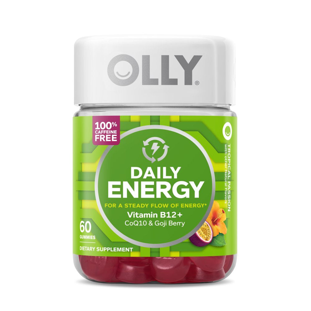 OLLY Daily Energy Gummy Supplement with Coq10 & B12, Caffeine Free, Tropical, 60 Ct