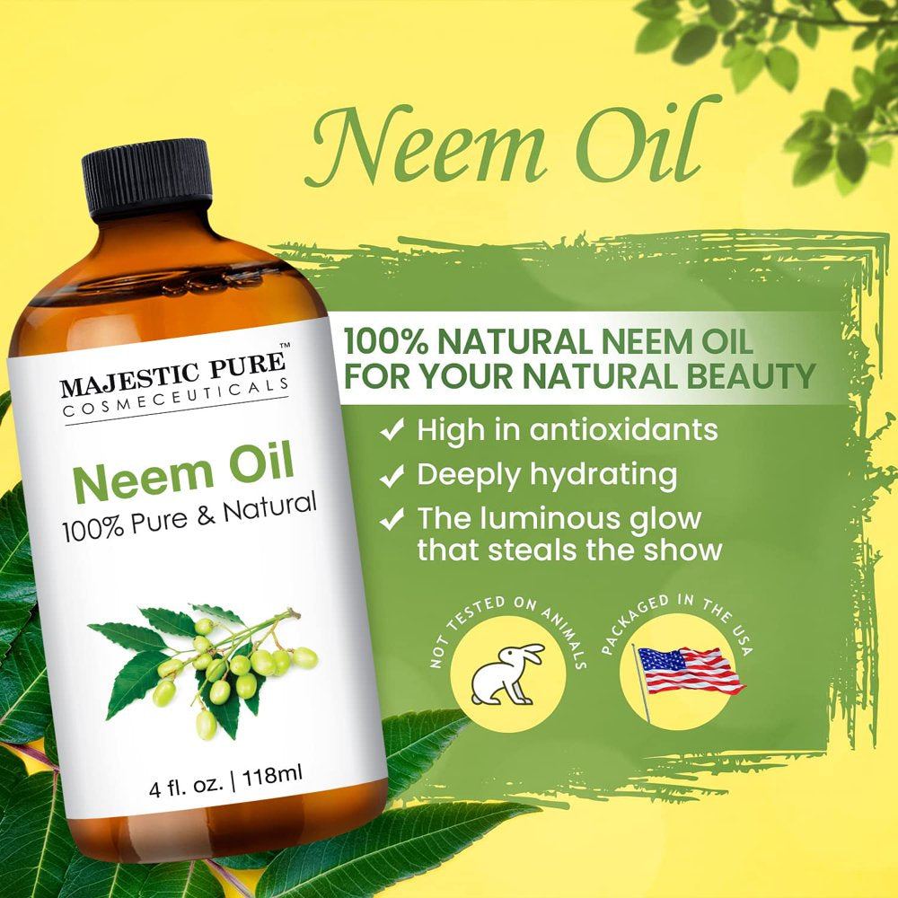 Majestic Pure Neem Oil - 100% Pure Cold Pressed - Great for Skin Care, Hair Care, Massage Oil, Nails, Acne, & Moisturizer for Dry Skin , 4 Fl Oz