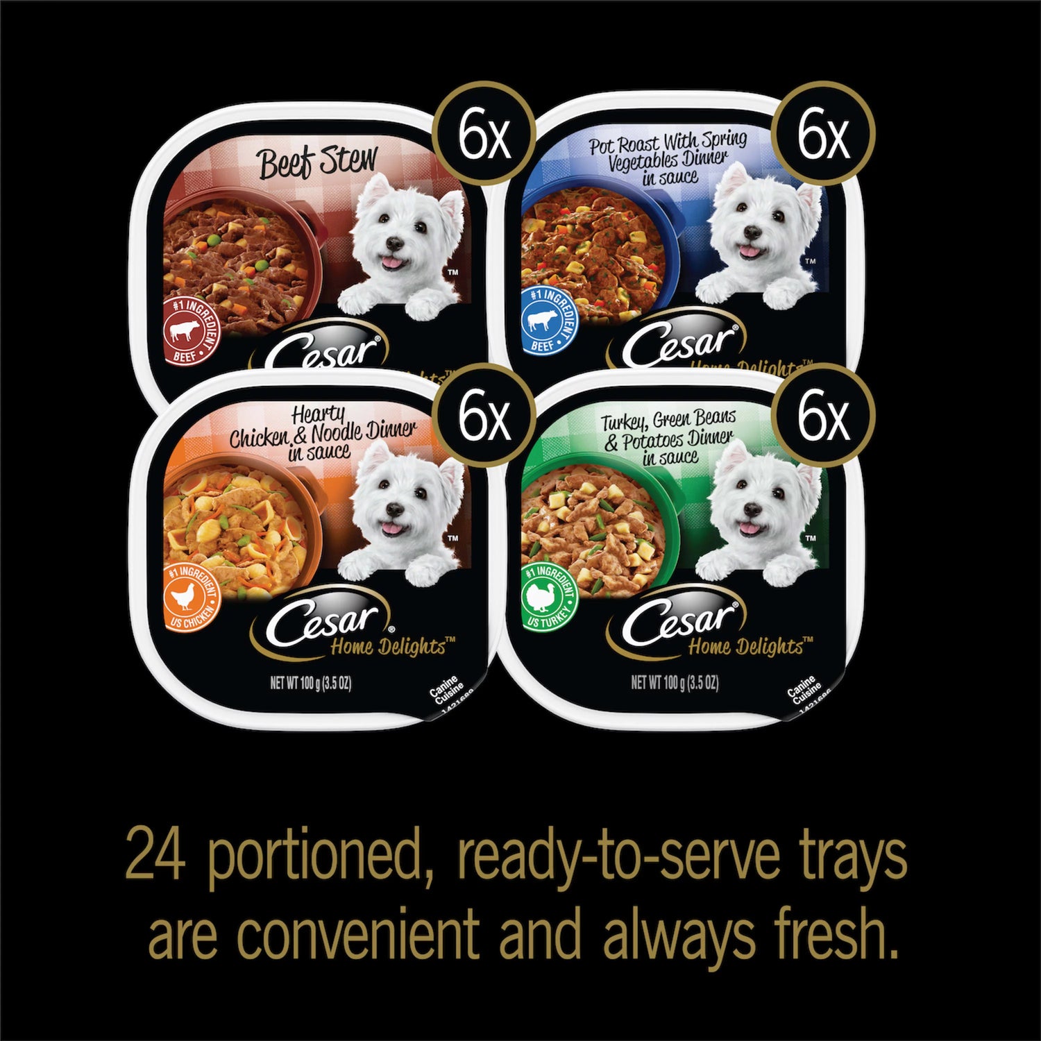 CESAR HOME DELIGHTS Wet Dog Food Pot Roast & Vegetable, Beef Stew, Turkey Potato & Green Bean, & Hearth Chicken & Noodle Variety Pack, (24) 3.5 Oz. Trays