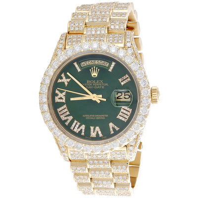 18K Gold 36Mm Rolex President Day-Date 18038 Diamond Watch Green Dial 15.11 CT.