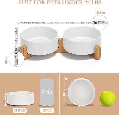 Ceramic Dog and Cat Bowl with Wood Stand Non-Slip Matte Glaze Weighted Food Water Set for Cats &Small Dogs 13.5 OZ
