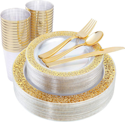 I00000 150Pcs Gold Plastic Plates & Disposable Silverware & Gold Cups, Lace Design Clear Dinnerware Include: 25 Dinner Plates, 25 Dessert Plates, 25 Tumblers, 25 Gold Silverware